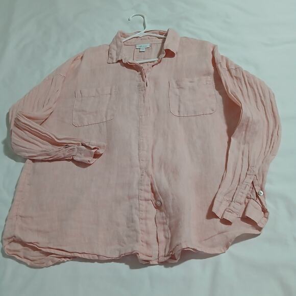J.Jill Love Linen Med Petite Petal Pink Hidden Shell Buttons Easy Care Blouse - Picture 1 of 11